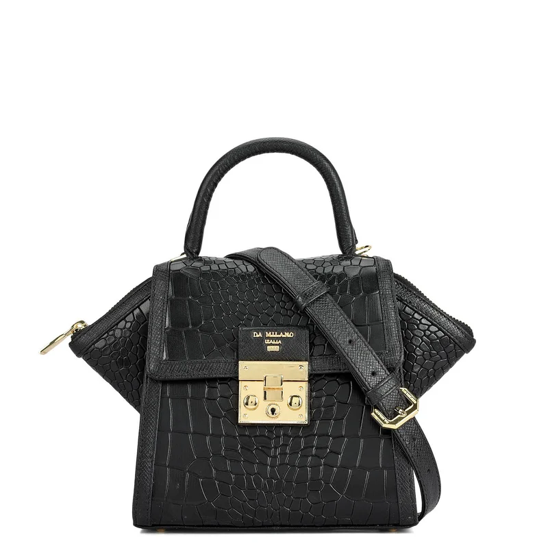 Da Milano Small Croco Leather Satchel - Black